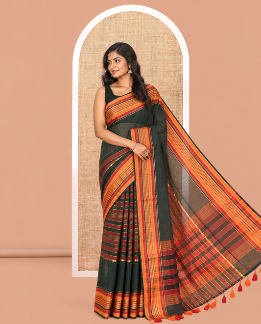 Green Striped Khadi Mul Cotton Saree, a Contrast Zari Striped Horizontal Border, and No Blouse