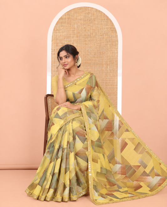 Mehendi Chiffon Saree, Adorned with Geometric Print, Lace Embroidery Border, and Matching Blouse