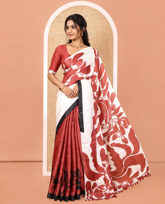 Cream and Brown Art Khadi Cotton Saree, Adorned With Half-and-Half-style Floral Print On Its Body, Highlighted by Contrast Piping Border, Self-Pallu and Paired with a Contrast Blouse