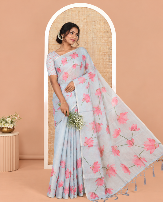 Borderless Blue Tissue Cotton Saree