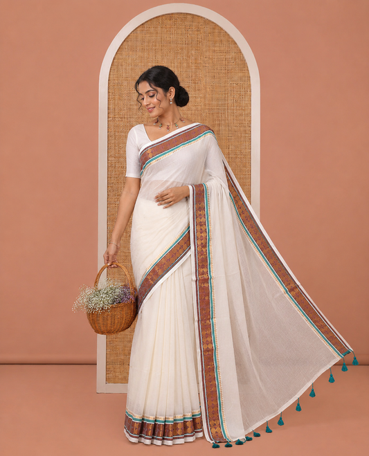 Cream Plain Khadi Mul Cotton Saree, Complemented by Contrast Traditional Zari Border of Rudraksham Motifs, a Self-Pallu, and Has No Blouse