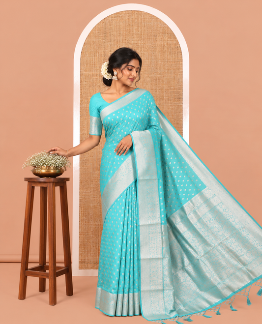 Sea Green Elite Soft Silk Saree, Elevated with Rudraksham Zari Buttas, Traditional Zari Border, Rich Pallu, and a Matching Blouse