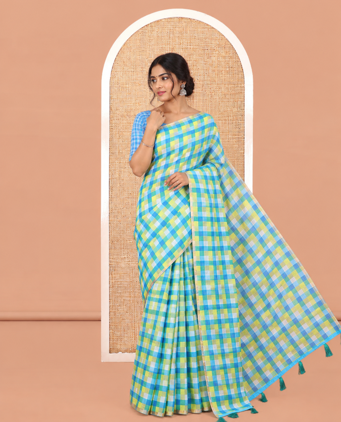 Borderless Lemon Yellow-Blue Checked Linen Cotton Saree, and Contrast Blouse