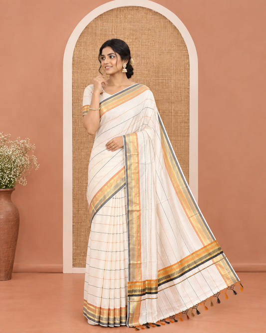 Half-White Kerala Cotton Saree, Subtly Sparkled with Dotted Stripes on Its Body, Complemented by a Contrast Border, Pallu of Subtle Stripes, and Paired with a Matching Blouse