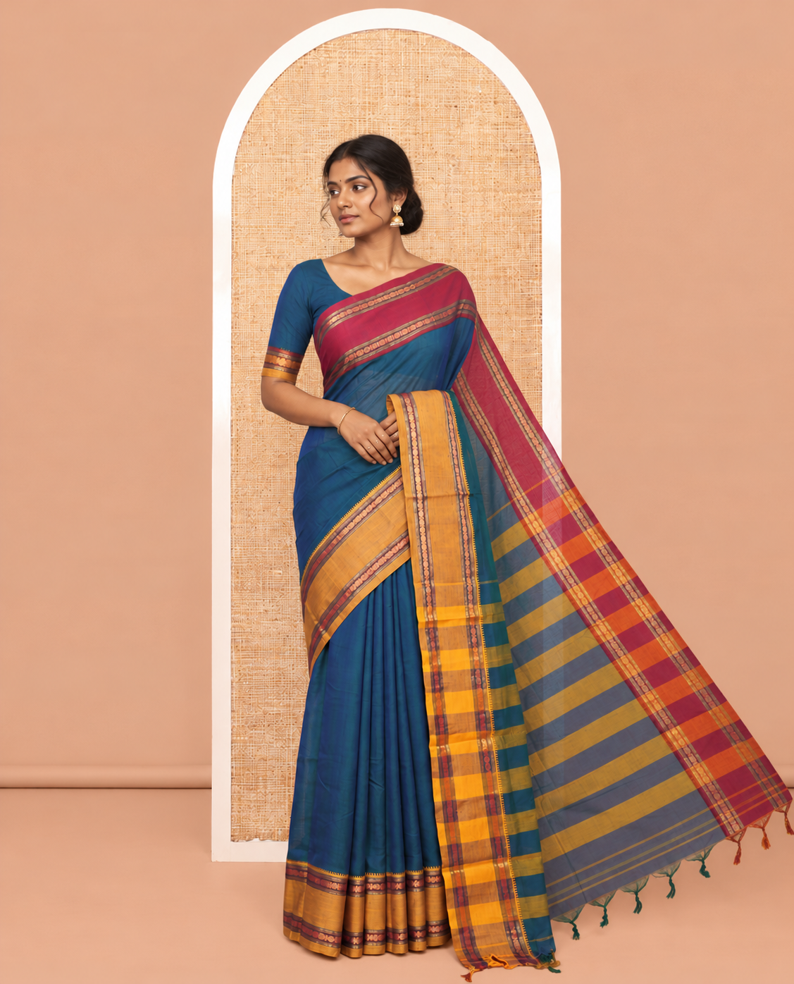 Blue Plain Mercerised Cotton Saree, Contrast Ganga-Jamuna Temple Rudraksha Border, Striped Pallu, and a Matching Blouse
