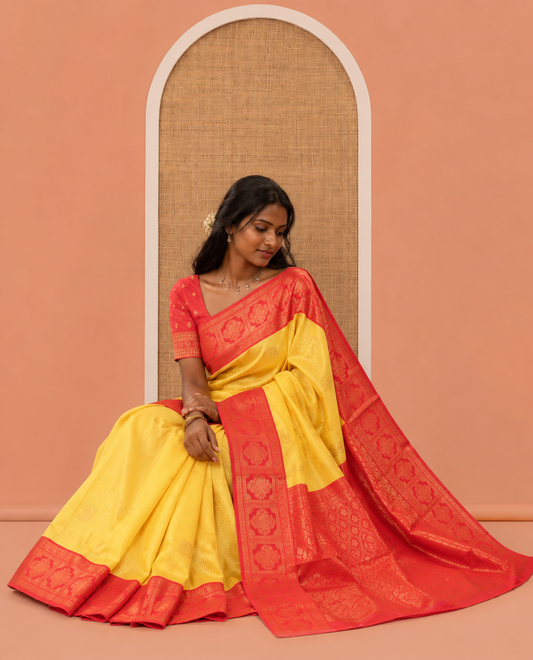 Yellow Litchi Saree with Zari Buttas and Zari Checks, Contrast Intricate Zari Border, Jaal Pallu, a Contrast Blouse