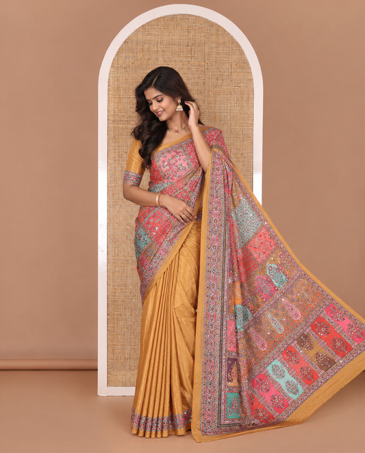 Mustard kaleidoscopic colored floral-paisley vine printed with mirrorwork masakali saree, printed border, print with mirror work pallu, and a matching blouse