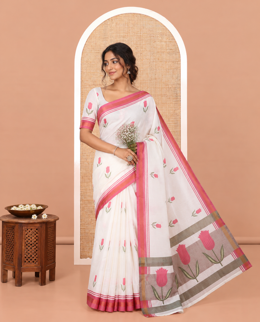 Gold Scandinavian Floral Kerala Cotton Saree, a Contrast Border, a Floral Pallu, and a Matching Blouse
