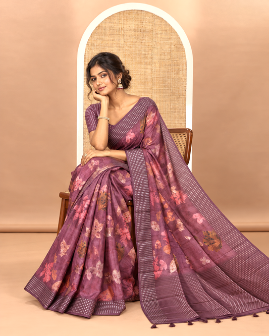 Purple leaf motifs eco-digital printed fancy tussar saree, zari border & pallu woven with dobby-style buttas