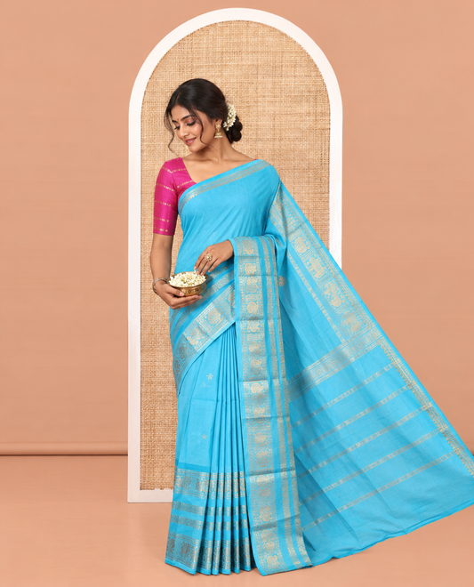 Blue Plain Sungudi Cotton Saree, Highlighted by Traditional Zari Border of Peacock and Floral Creeper Designs, Subtly Striped Pallu, and Paired with a Contrast Blouse