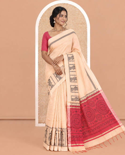 Cream Semi-Katan Silk Saree, Adorned with Human Figurine, Copper Zari Border, Contrast Warli Pallu, and a Contrast Blouse
