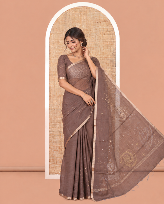 Brown Chanderi Cotton Saree With Zari Border