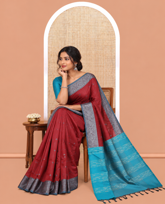 Maroon Semi-Raw Silk Saree Features Thread Buttas, Contrast Intricate Border, Striped Pallu, and a Contrast Blouse