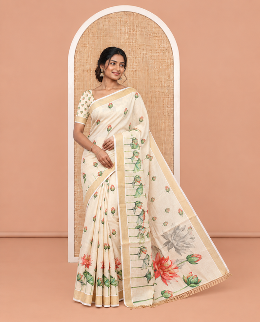 Cream Kerala Cotton Saree, Adorned with Pichwai Lotus Print, a Zari Border, Pichwai Lotus-Printed Pallu, and a Matching Blouse
