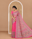Pink ajrakh style printed with mirror work masakali saree, printed border, print and mirror work pallu, and matching blouse