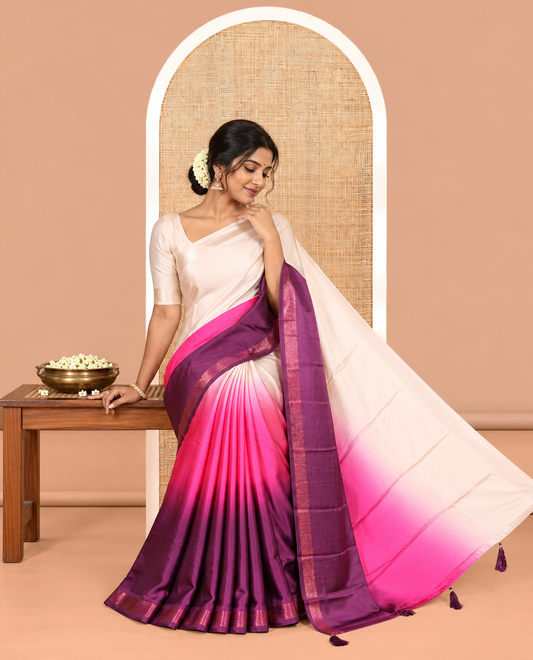 Cream-Purple Plain Ombre-Style Satin Crepe Saree