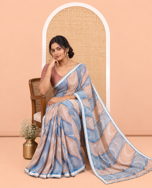 Brown-Blue Chiffon Saree, Elevated with Geometric Print, a Lace Border, and a Polka-Dotted Blouse