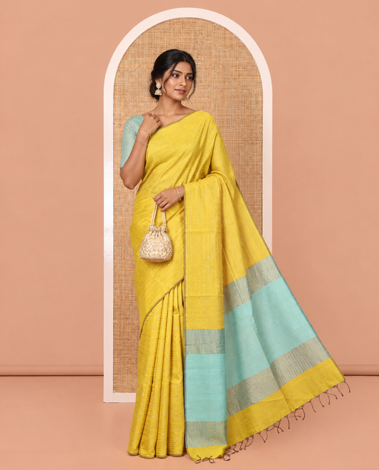 Borderless Yellow and Rama Semi-Raw Silk Saree, Subtly Sparkled with Muthu Stripes on Its Body, Complemented by a Contrast Zari Striped Pallu, and Paired with a Contrast Blouse