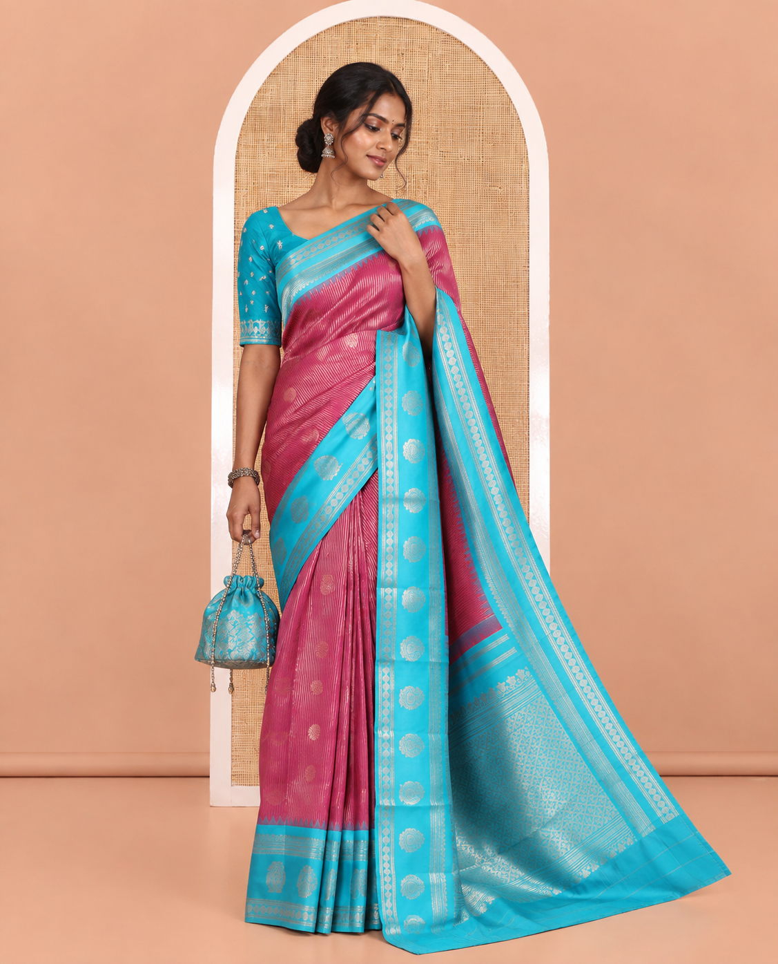 Magenta Kanchi Silk Saree, Elevated with Zari Buttas and Stripes, Contrast Traditional Zari Border, Jaal Pallu, a Contrast Blouse