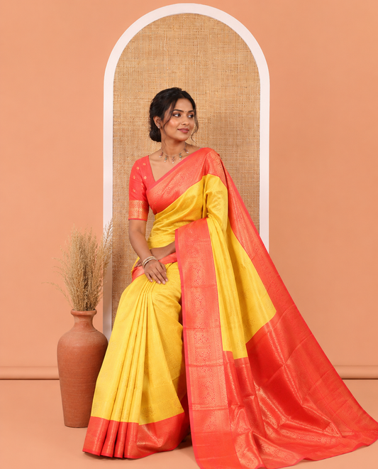 Yellow Litchi Saree, Crafted with Zari Buttas and Checks, Contrast Traditional Zari Border, Intricate Pallu, and a Contrast Blouse