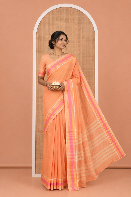 Orange Plain Mercerised Cotton Saree, Complemented by Contrast Traditional Border, Striped Pallu, and a Matching Blouse