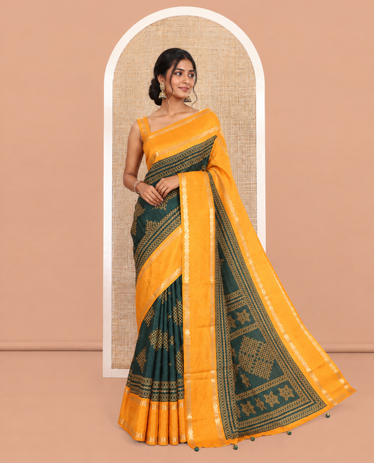 Green Art Tussar Saree, Adorned with Kolam Buttas, a Contrast Rettai Pettu Rudraksham Border, Kolam Pallu, and a Contrast Blouse