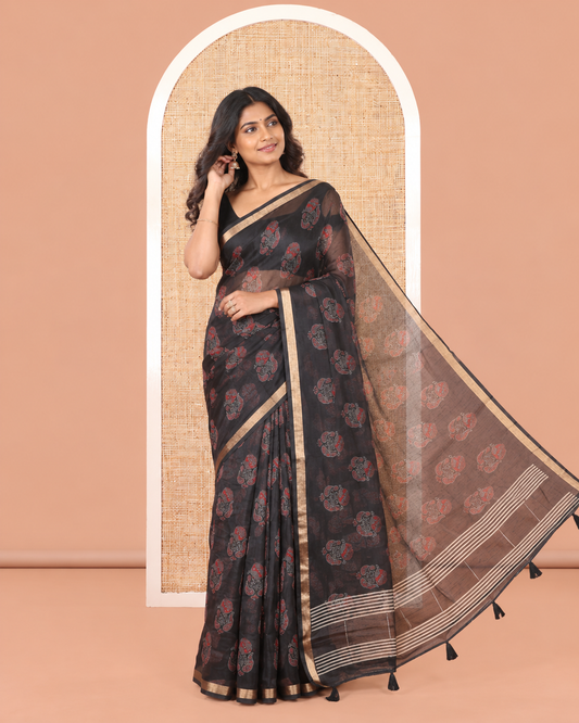 Black Chanderi Cotton Saree