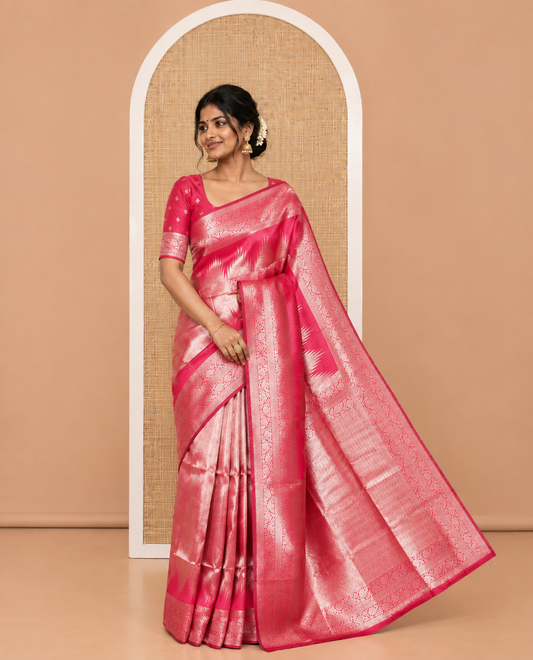 Dark Pink Tissue-Zari Litchi Saree, a Temple Kodi Visiry Border, Grand Pallu, and Matching Blouse