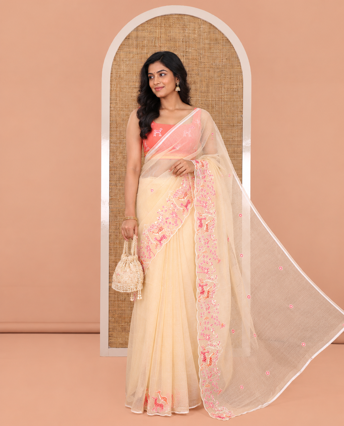 Chikku Kota Doria Saree, Delicately Woven with Floral and Deer Embroidery, a Scallop Border, and a Contrast Deer Embroidery Blouse