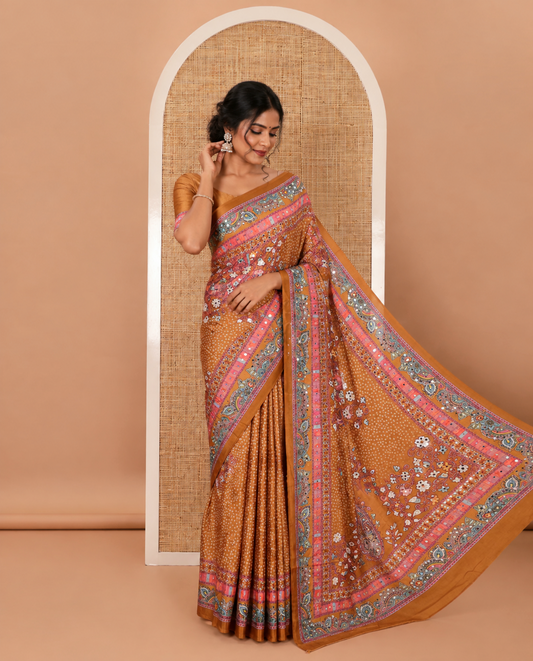 Mustard-base Red-base floral bandhani-theme printed & real mirror work masakali saree, self-border, printed mirror work pallu & matching blouse