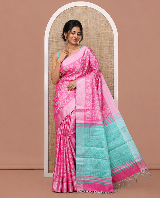Pink Tissue Cotton Saree Features Floral Vine Design, a Zari Border, Contrast Intricate Pallu, and a Contrast Blouse