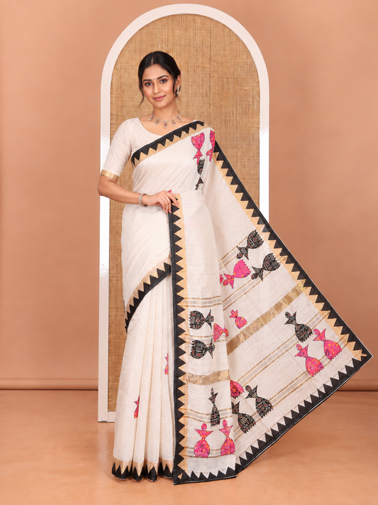 Chikku Linen Cotton Saree, Adorned with Figurine Patch Embroidery, Complemented by a Contrast Temple Border, and a Matching Blouse