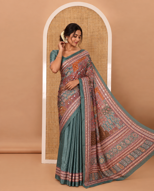 Green-base colorful pasiley-theme printed & real mirror work masakali saree, self-border & pallu of print & mirror work