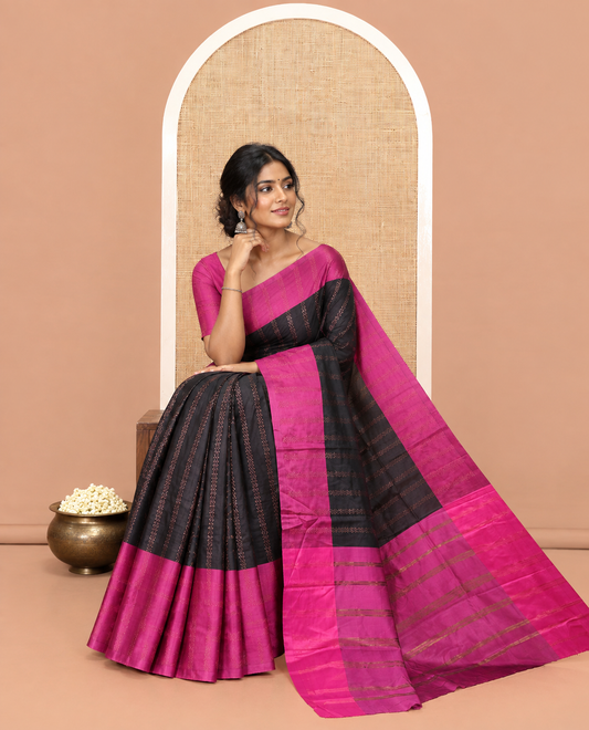 Black Soft Silk Saree, Enriched with Chevron Stripes on Its Body, Complemented by a Contrast Chevron Striped Border, Striped Pallu, and Paired with a Contrast Blouse
