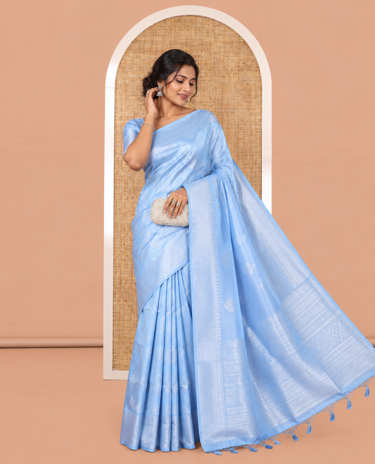 Blue Elite Soft Silk Saree, Subtly Sparkled with Ogee Jacquard Design, a Traditional Zari Border, Zari Pallu, and a Matching Blouse