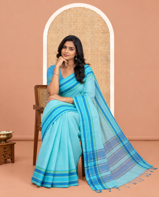 Blue Striped Chettinad Cotton Saree, Contrast Traditional Thread Border, Striped Pallu, a Contrast Blouse
