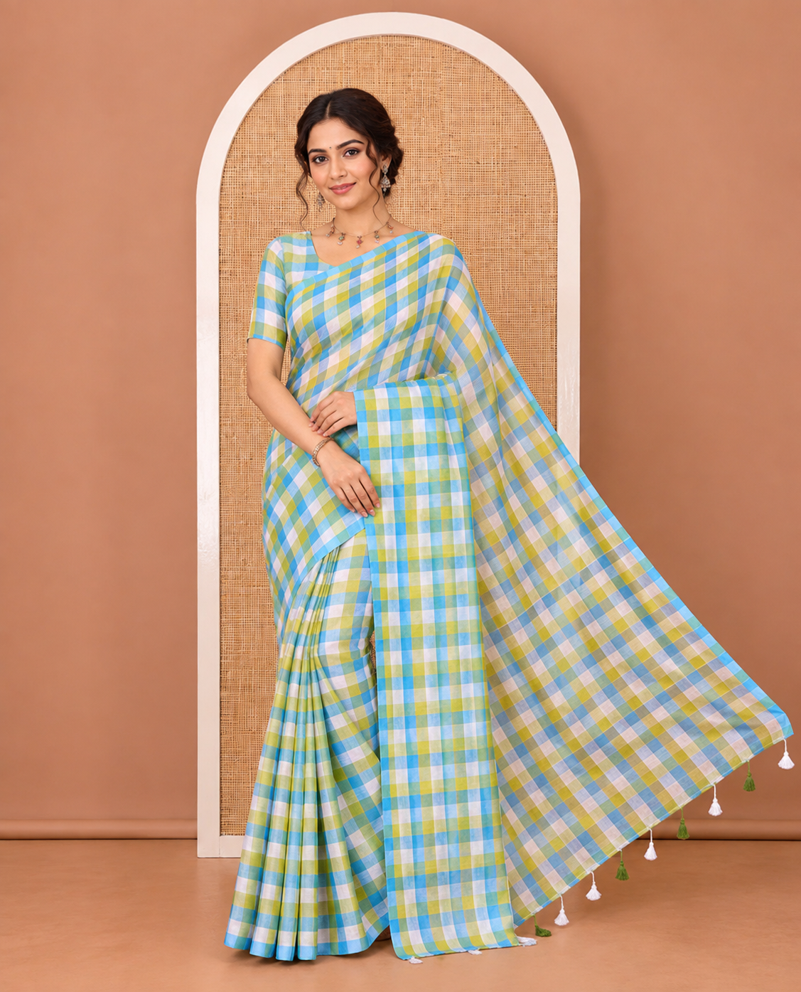 Borderless Blue-Yellow Khadi Mul Cotton Saree, Adorned with Madras Checks, Comes without Blouse