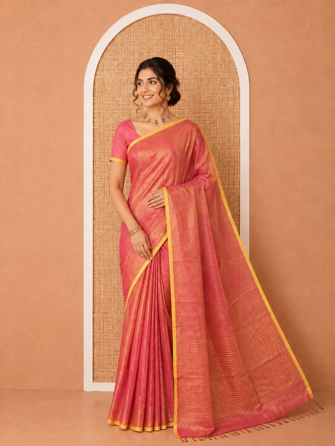 Borderless Pink Plain Khadi Tissue Saree, a Self-Striped Pallu, and a Matching Blouse