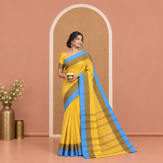 Yellow Bengal Cotton Saree, Subtly Woven with Thread Buttas, a Contrast Temple and Jaal Border, and a Matching Blouse