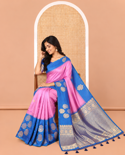 Pink Elite Soft Silk Saree, Embellished with Zari Buttas All Over Its Body, Complemented by Contrast Border Steeped with Zari Buttas, Grand Jaal Design Pallu, and Paired with a Contrast Blouse