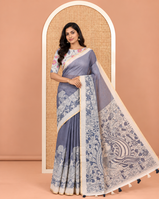 Grey Linen Cotton Saree, Ornamented with Kalamkari Floral-Bird Print, Contrast Border, Kalamkari Peacock Pallu, a Contrast Blouse