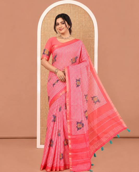Pink Linen Cotton Saree, Elevated with Micro-Checks and Elephant Motifs on Its Body, Complemented by a Contrast Border, Striped Pallu, and Paired with a Contrast Elephant Motifs Printed Blouse