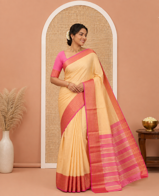 Cream Semi-Soft Silk Saree, Adorned with Plus-Shaped Buttas, Complemented by a Contrast Border, Striped Pallu, and a Contrast Blouse