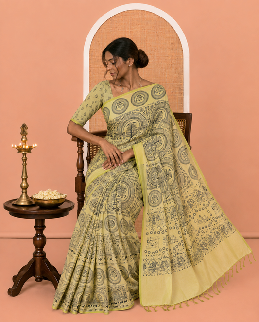 Borderless Pista Green Warli Printed South Cotton Saree, Printed Pallu and a Matching Blouse