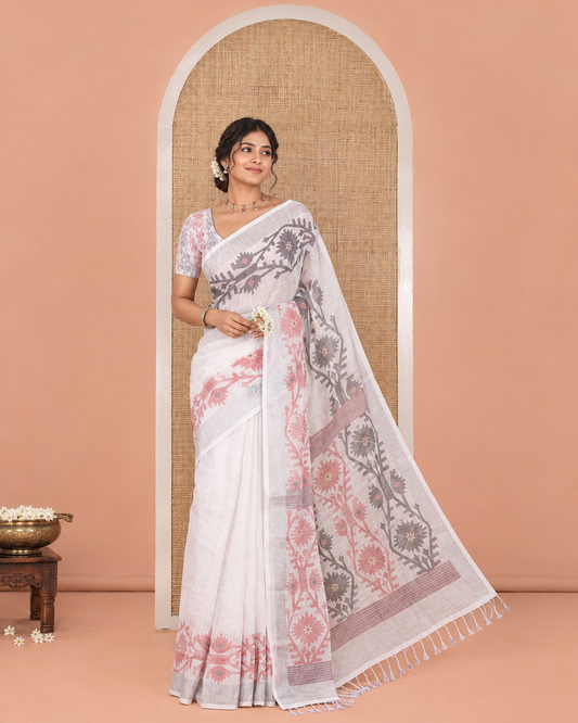 White Plain Linen Cotton Saree, Subtly Sparkled Zari Border of Jamdani-Style Leaf-Floral Designs, Pallu Depicting Jamdani-Style Designs, and Paired with a Matching Blouse