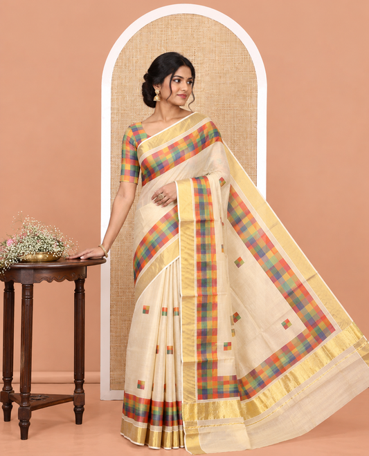 Gold-Mehendi Kerala Tissue Cotton Saree Features Madras Checked Buttas, a Zari Checked Border, and a Contrast Blouse