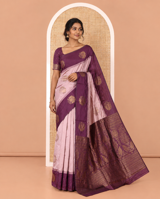 Dusky Purple Art Silk Saree, Artfully Detailed with Floral Zari Buttas All Over Its Body, Complemented by Contrast Floral Design Border, Intricately Designed Pallu, and Paired with a Contrast Blouse