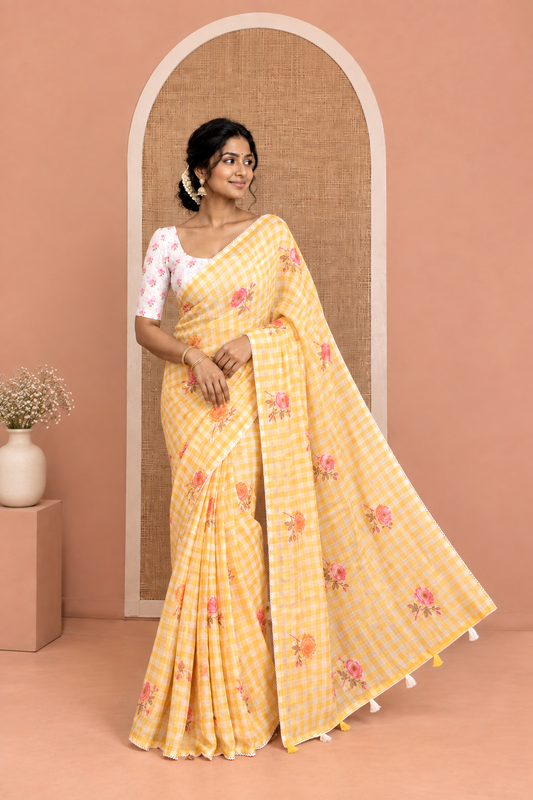 Yellow Linen Cotton Saree, Adorned with Checks and a Floral Print, Lace Border, a Self-Pallu, and a Contrast Blouse