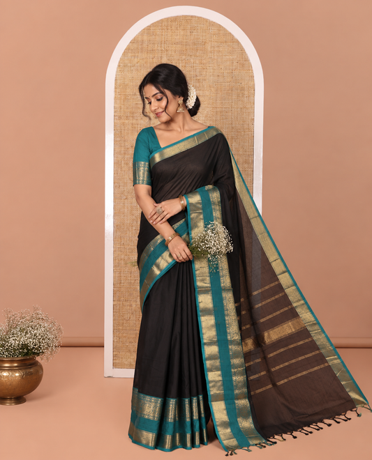 Black Plain Chettinad Cotton Saree, Complemented by Contrast Traditional Zari Rettai Pettu Border of Round Peacock Designs, Gleaming Pallu of Stripes, and Paired with a Matching Blouse