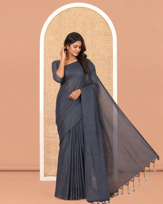 Borderless Grey Plain Khadi Cotton Saree